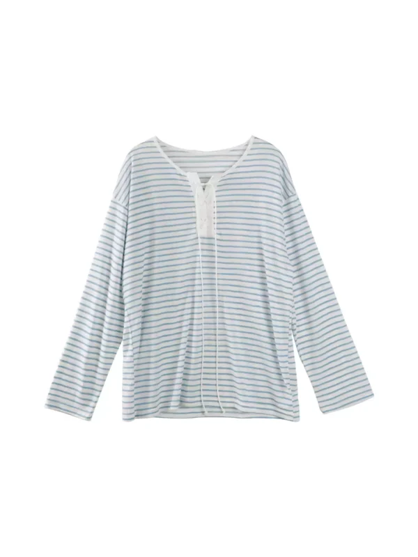 A long-sleeved blue striped T-shirt for women