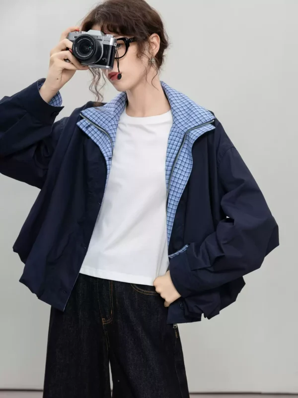 A loose coat with a checkered patchwork design