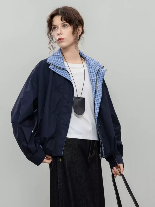 A loose coat with a checkered patchwork design