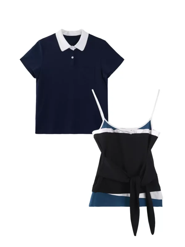 Two-piece polo short-sleeved halter top set for women