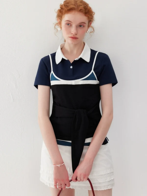 Two-piece polo short-sleeved halter top set for women