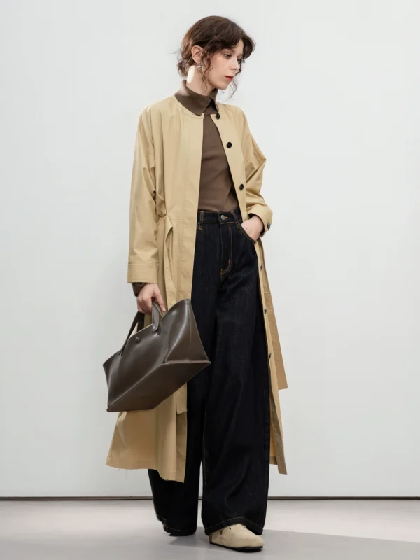 Half-height round-neck all-cotton trench coat