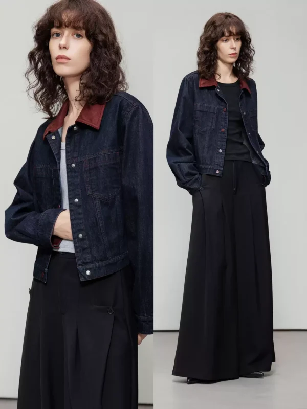 Retro-style suede velvet lapel denim jacket