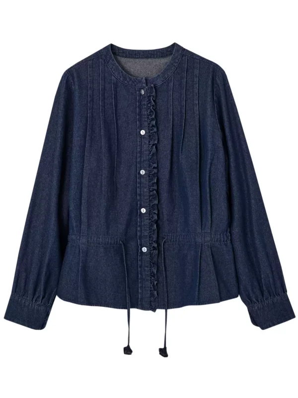 Round-neck black ear trim and drawstring denim shirt