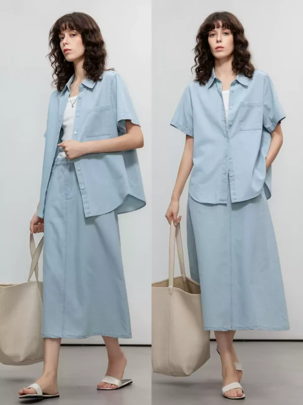Simple and casual denim suit for women in summer