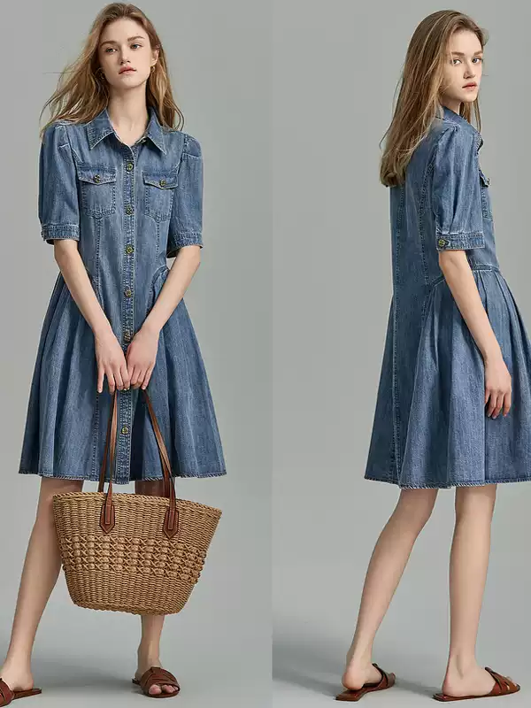 Waist-cinching puffed-sleeve pleated denim dress
