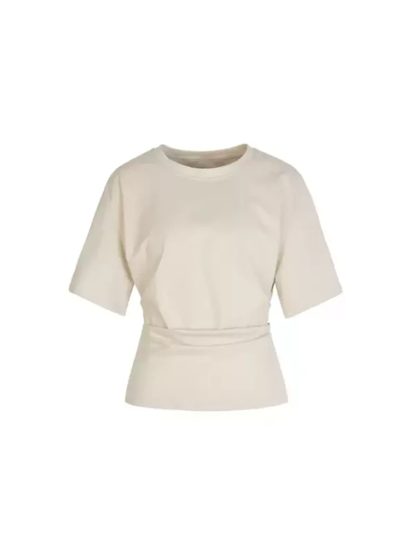 Ladies with pleated waist-cinching short-sleeved shirts