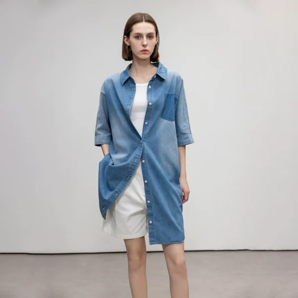 A short denim shirt dress with a lapel