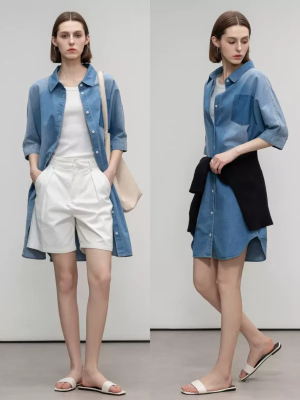 A short denim shirt dress with a lapel