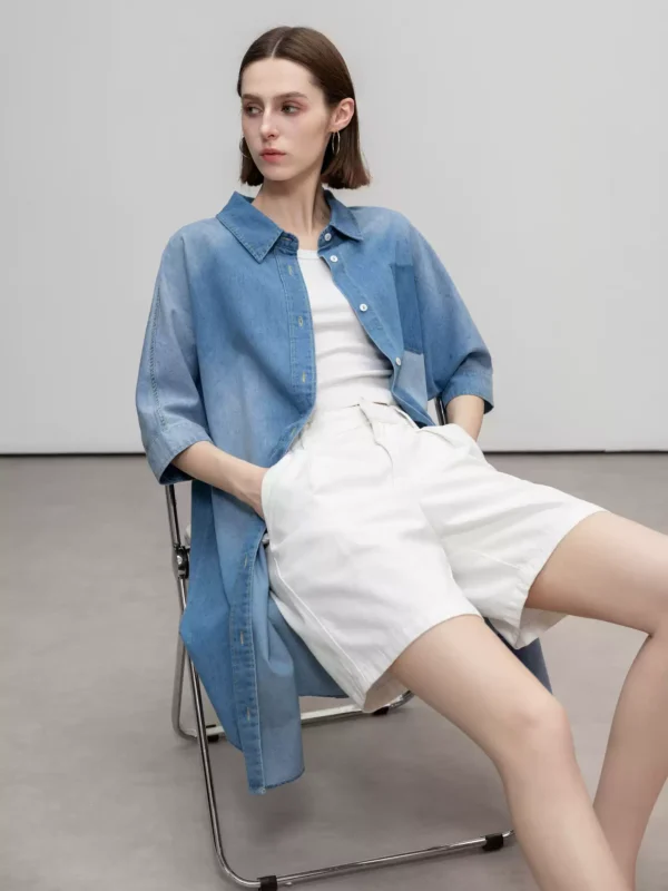 A short denim shirt dress with a lapel