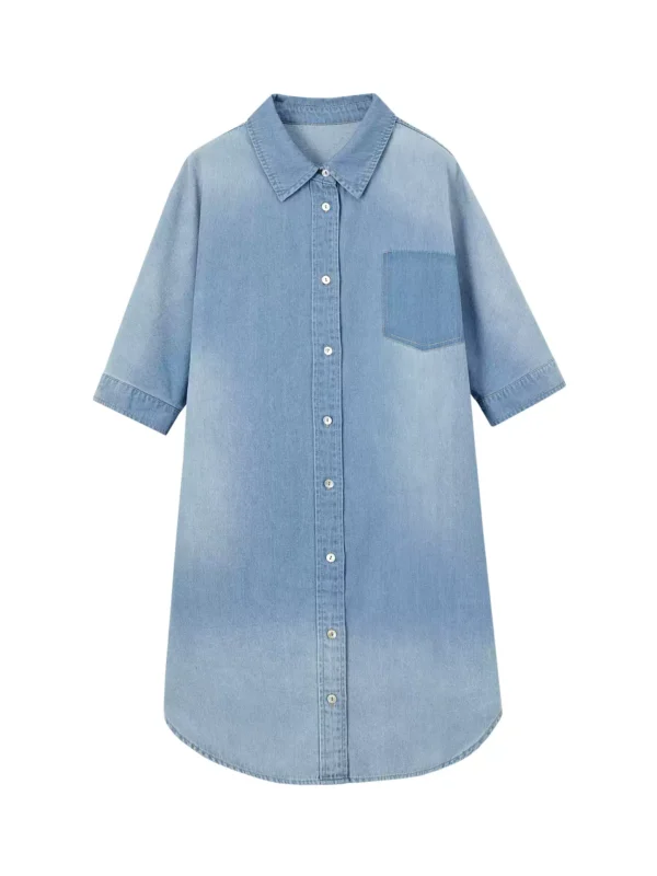 A short denim shirt dress with a lapel