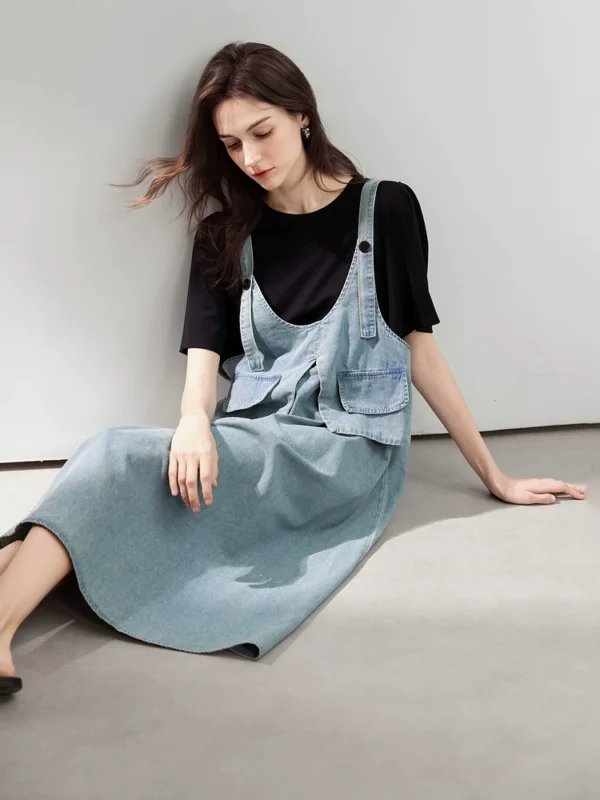 A short denim shirt dress with a lapel