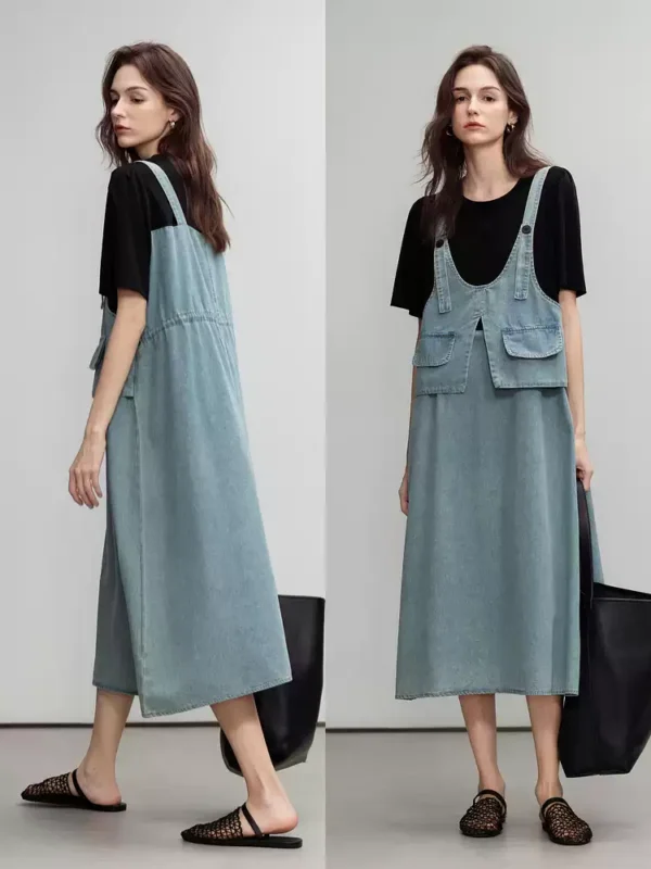 A short denim shirt dress with a lapel