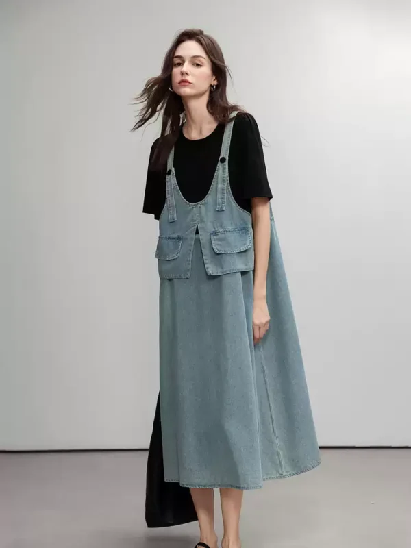 A short denim shirt dress with a lapel