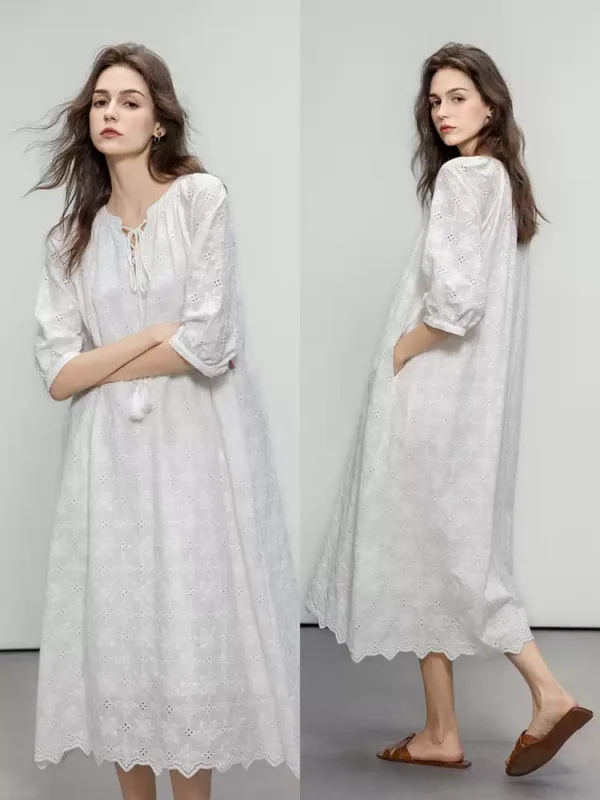 Lace embroidered drawstring ruffled long dress