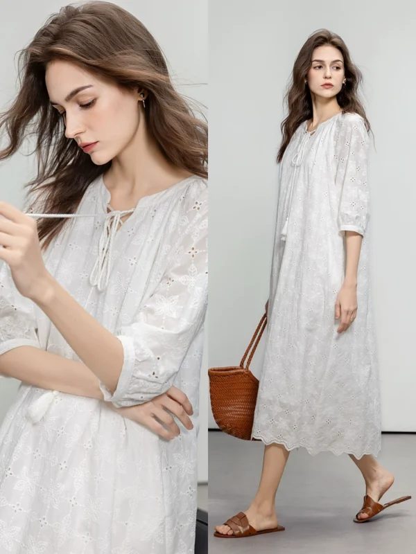 Lace embroidered drawstring ruffled long dress