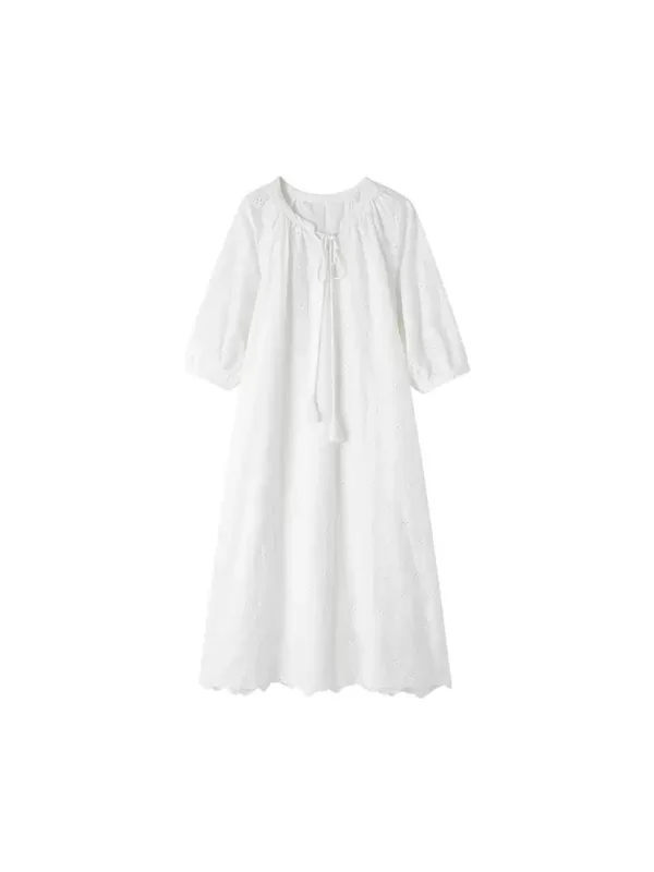 Lace embroidered drawstring ruffled long dress