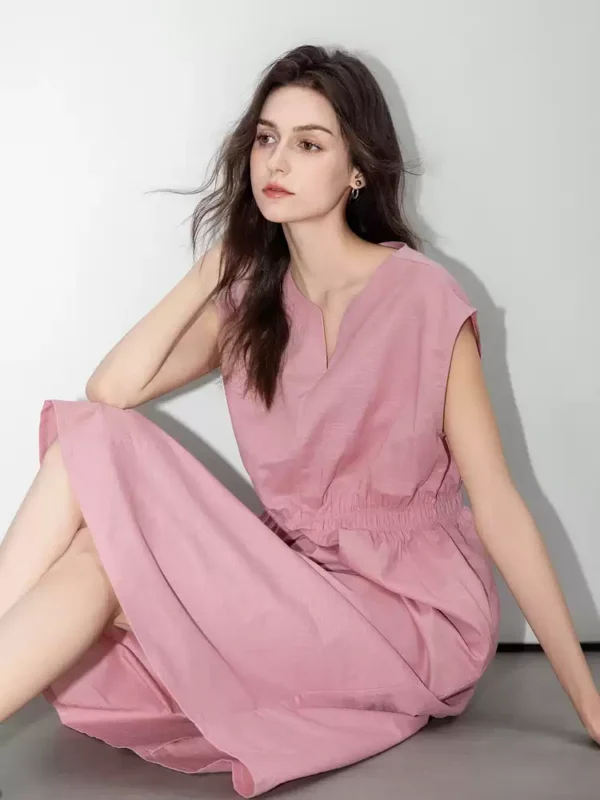 Linen artistic and retro round-neck dress