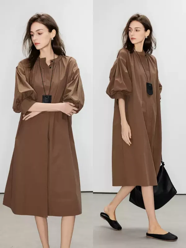 Puffed sleeve, hidden front opening and button-down dress