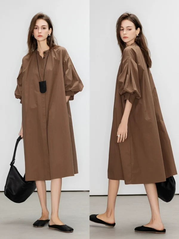 Puffed sleeve, hidden front opening and button-down dress