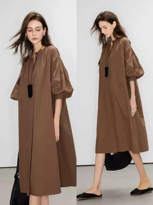 Puffed sleeve, hidden front opening and button-down dress
