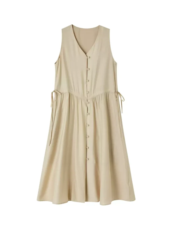 Side-drawstring sleeveless mid-length A-line skirt