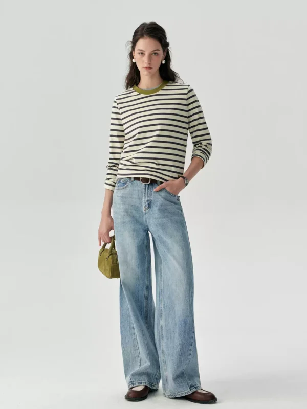 Ladies' all-cotton striped long-sleeved T-shirt