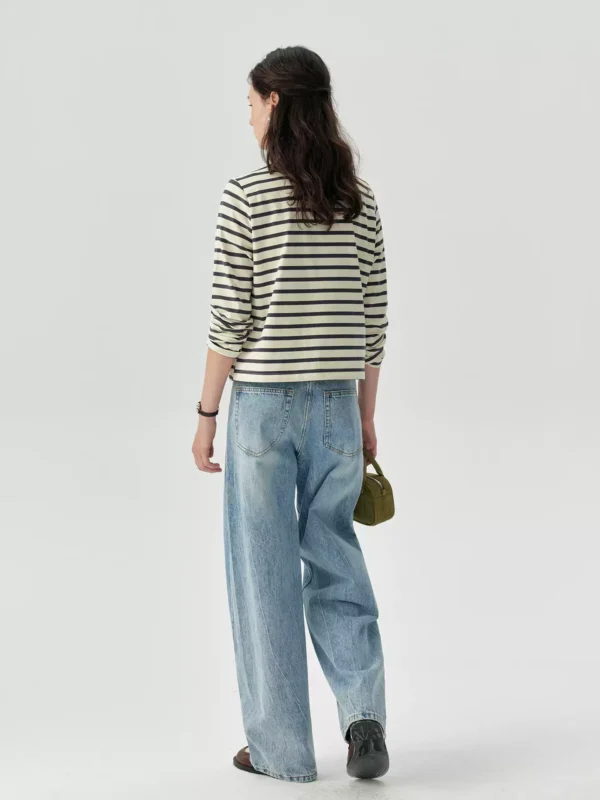 Ladies' all-cotton striped long-sleeved T-shirt