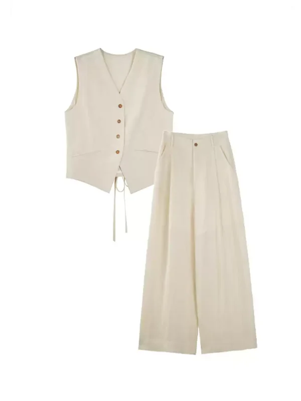 A two-piece set of pleated waistcoat and trousers for women