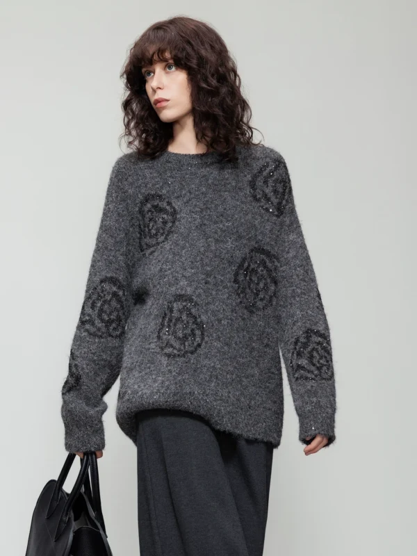 Romantic sequined rose round-neck knitted woman