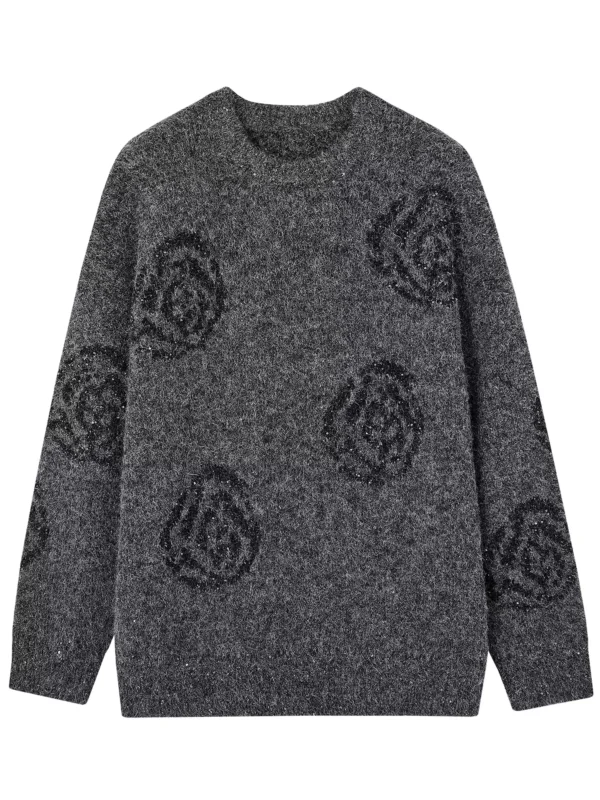 Romantic sequined rose round-neck knitted woman