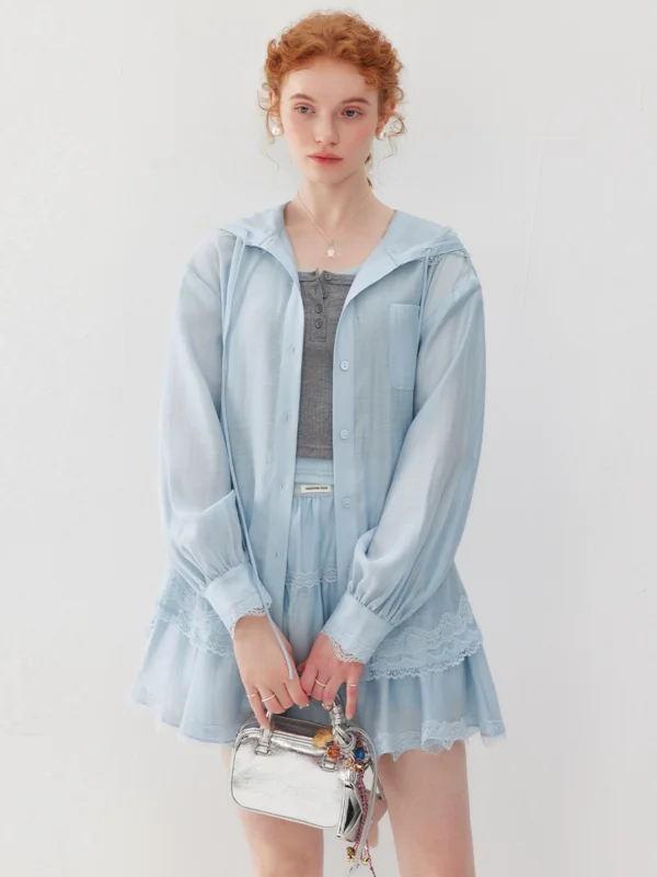 Hooded shirt and pleated skirt two-piece set
