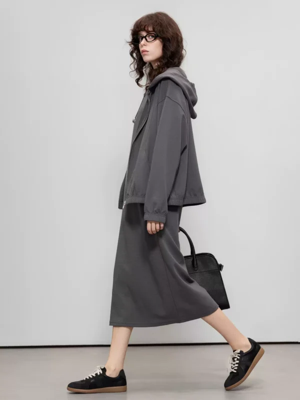 Two-piece set of knitted hooded coat vest and dress