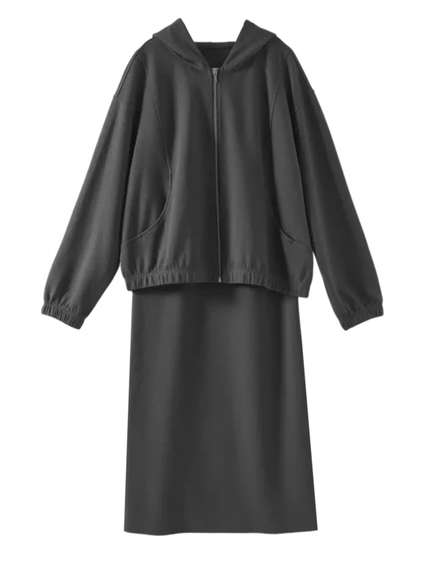 Two-piece set of knitted hooded coat vest and dress