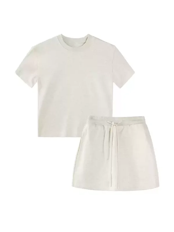 A two-piece set of round-neck T-shirt and sports short skirt