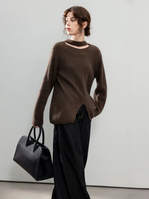 Elegant cut-out semi-high-neck sweater for women