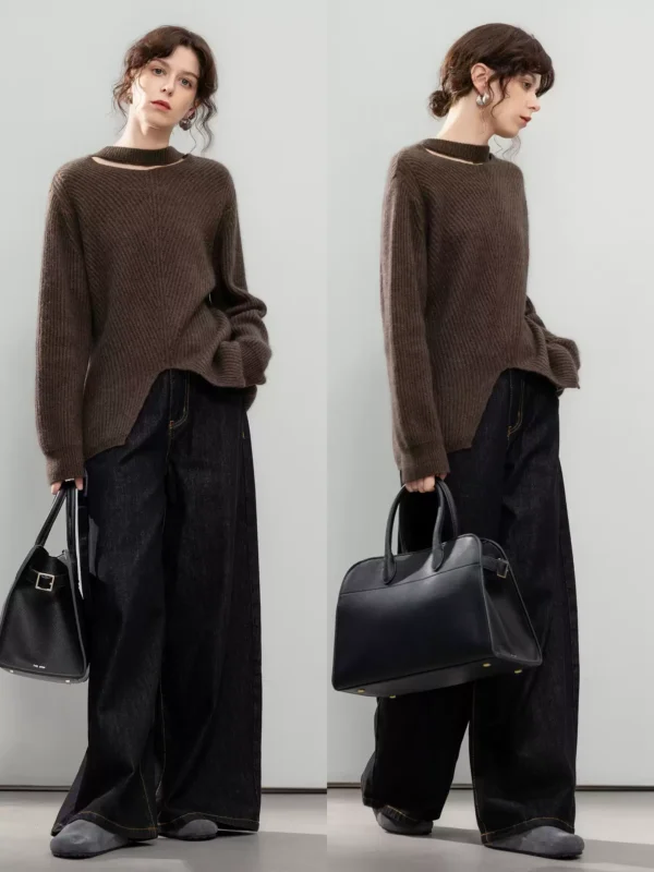Elegant cut-out semi-high-neck sweater for women