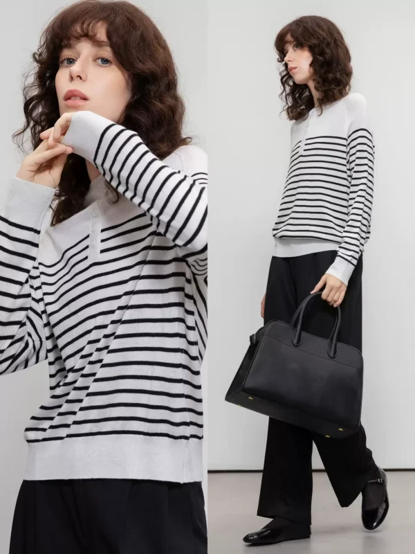 A woman in a striped sweater with an artistic style