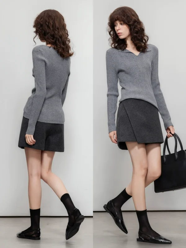 A woman in a light and mature lapel sweater