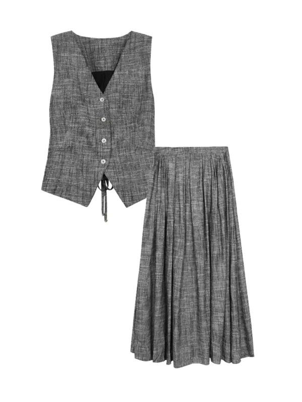 A linen vest suit with a large skirt hem