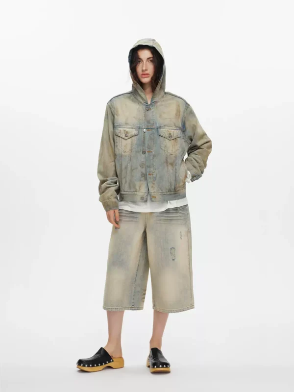 Washed denim jacket and hooded jacket for women