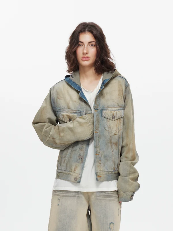 Washed denim jacket and hooded jacket for women