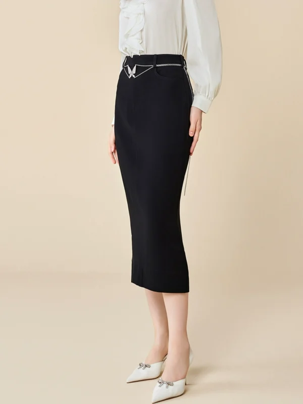 a new black acetate A-line skirt with a rear slit