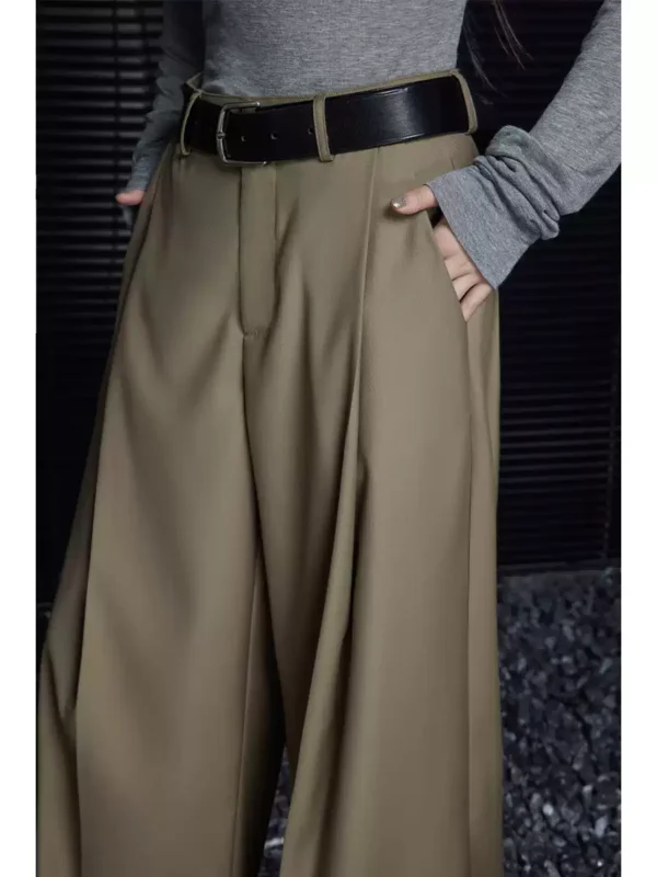 Khaki high-waisted loose straight-leg dress pants for women - Image 6