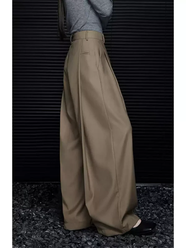 Khaki high-waisted loose straight-leg dress pants for women - Image 4