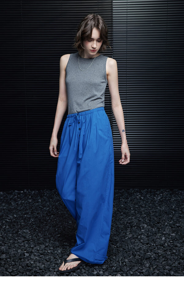 Blue pure cotton casual wide-leg pants for women - Image 4