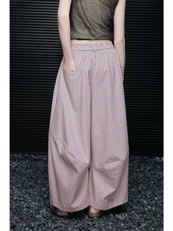Pink checkered pure cotton loose wide-leg pants for women - Image 5