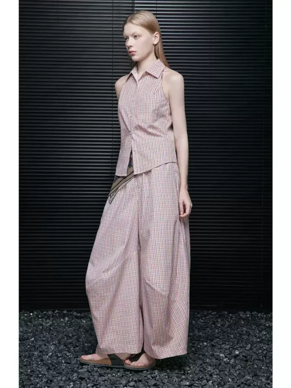 Pink checkered pure cotton loose wide-leg pants for women - Image 4