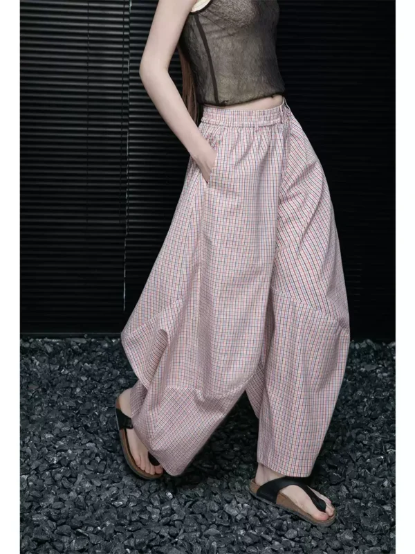 Pink checkered pure cotton loose wide-leg pants for women - Image 3