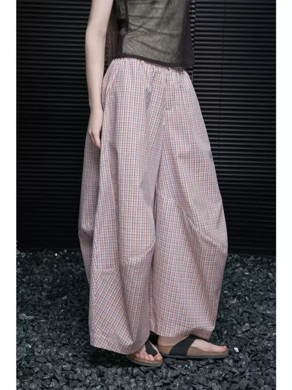 Pink checkered pure cotton loose wide-leg pants for women - Image 2
